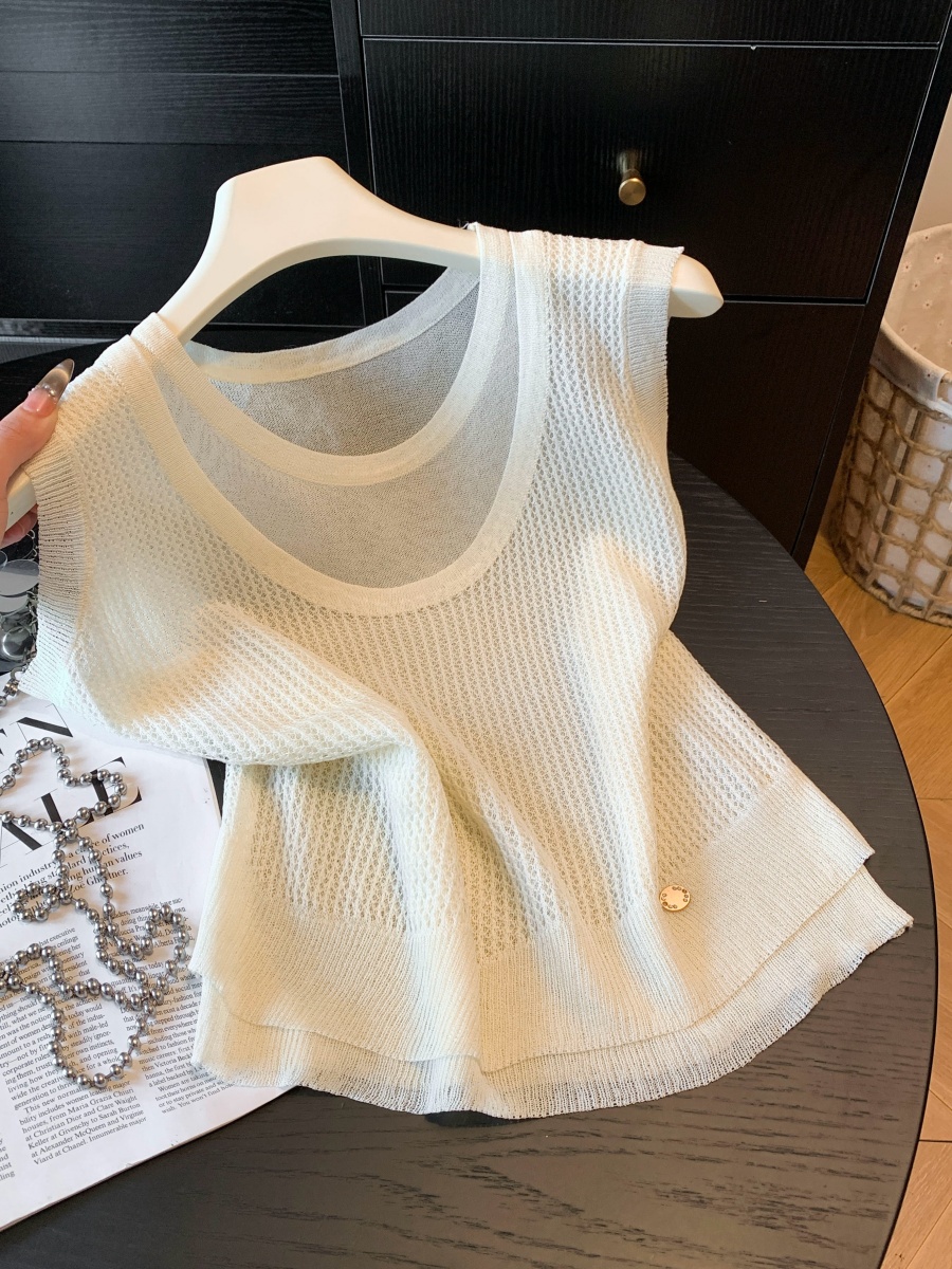 Korean Hollow-Out Faux Two-Piece Short Sleeve T-Shirt for Women Summer Fresh Design - Image 3