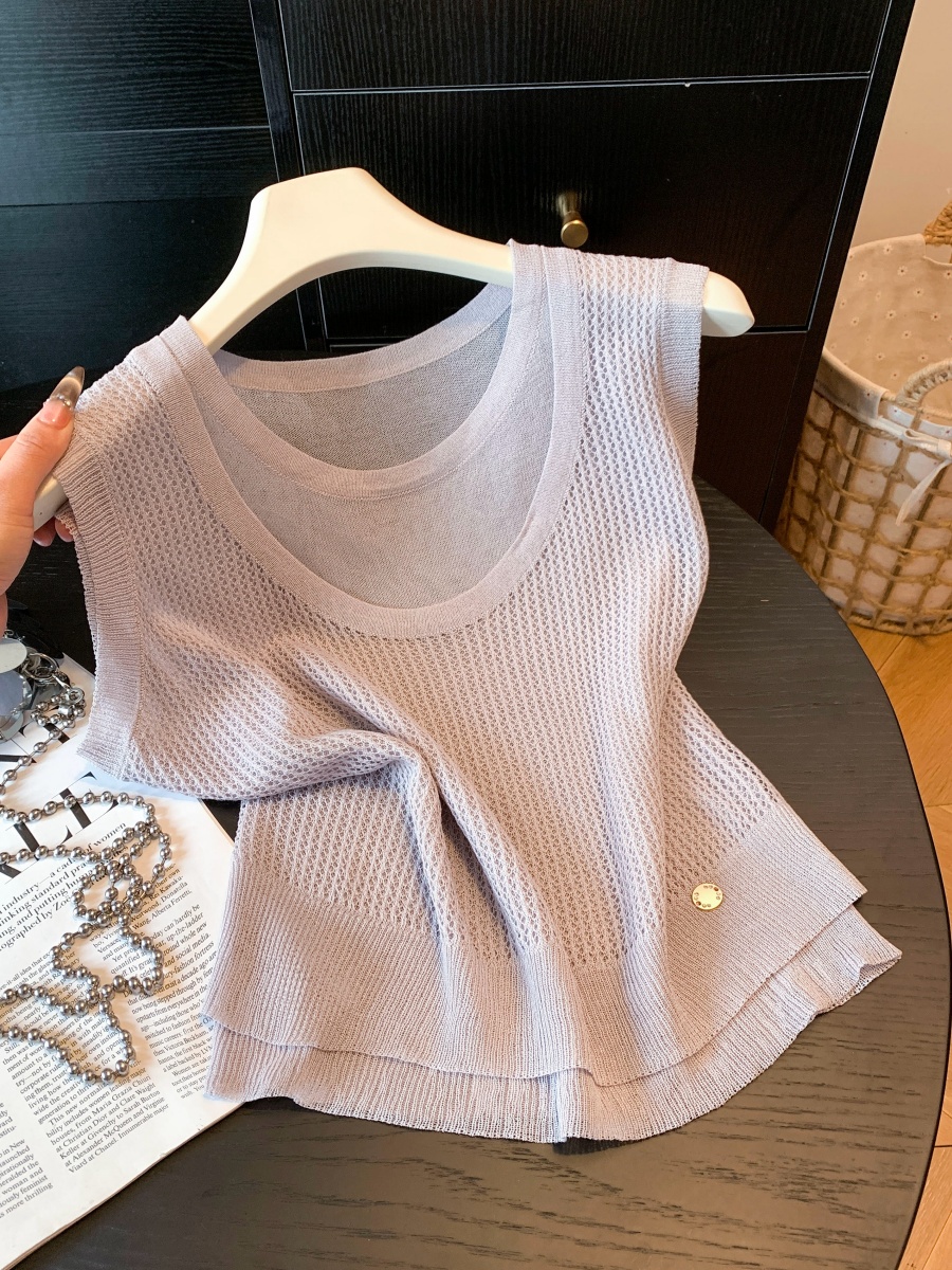 Korean Hollow-Out Faux Two-Piece Short Sleeve T-Shirt for Women Summer Fresh Design
