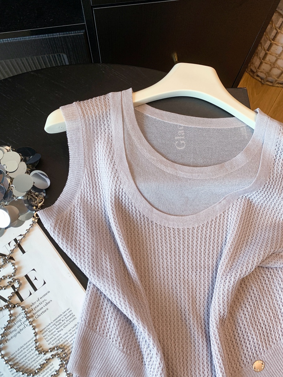 Korean Hollow-Out Faux Two-Piece Short Sleeve T-Shirt for Women Summer Fresh Design - Image 4
