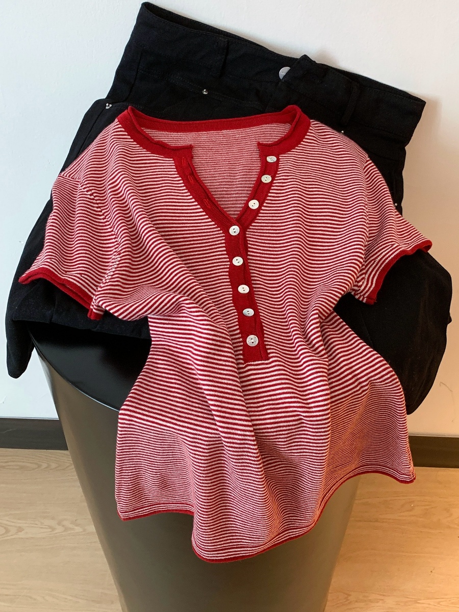 Korean Style Henry Neck Striped Short Sleeve T-Shirt for Women Summer Slimming Top