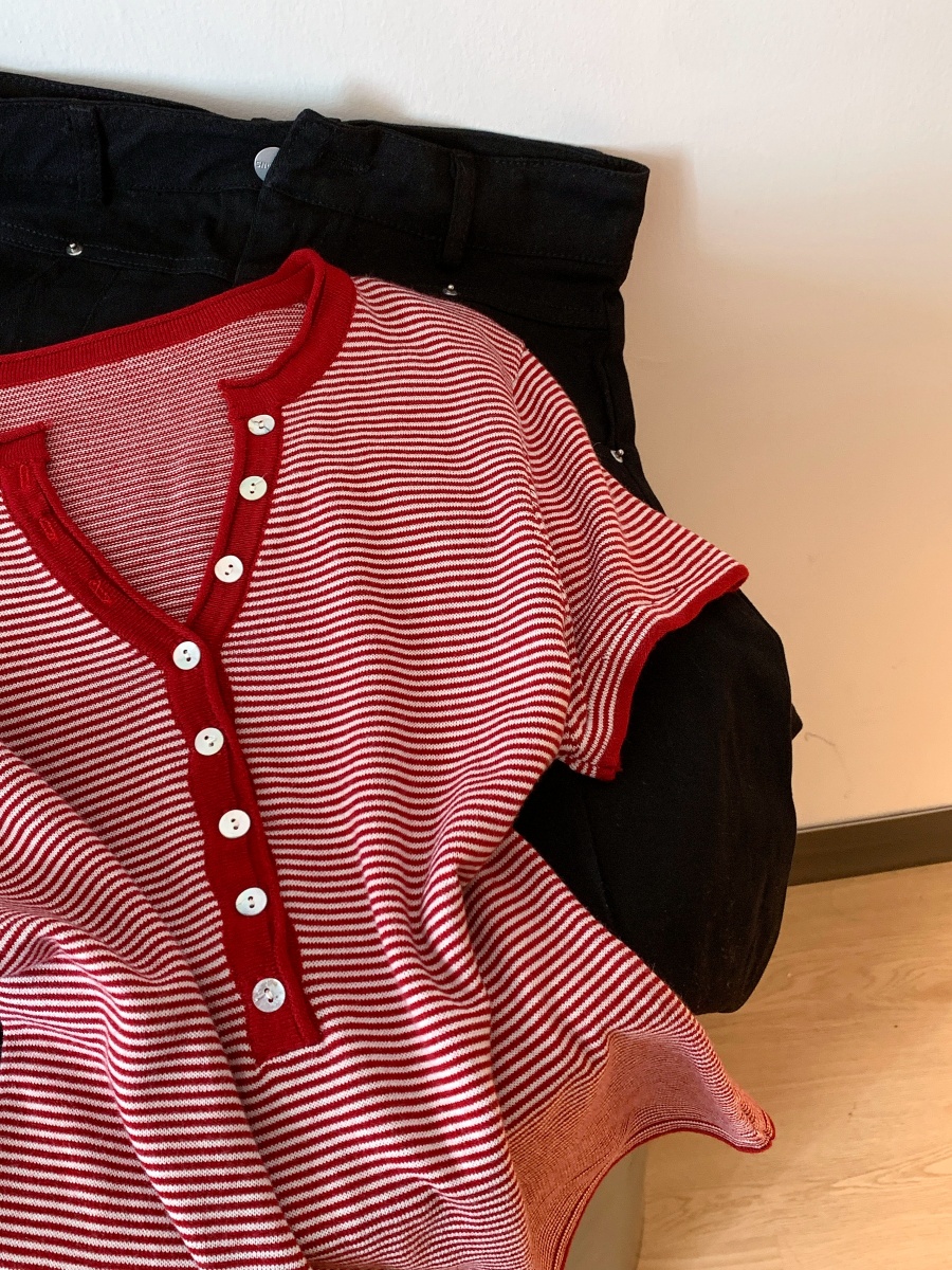Korean Style Henry Neck Striped Short Sleeve T-Shirt for Women Summer Slimming Top - Image 2