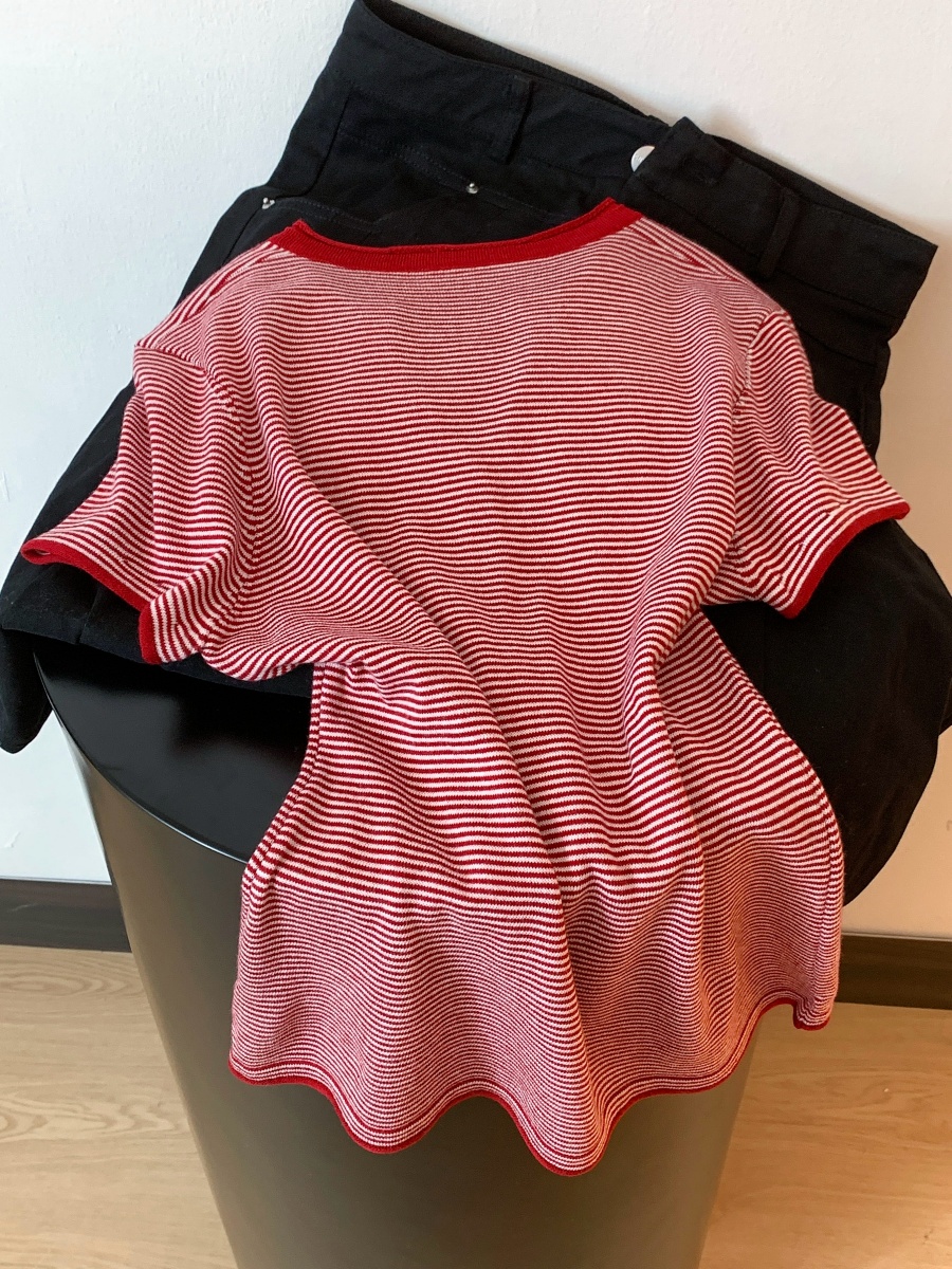 Korean Style Henry Neck Striped Short Sleeve T-Shirt for Women Summer Slimming Top - Image 4