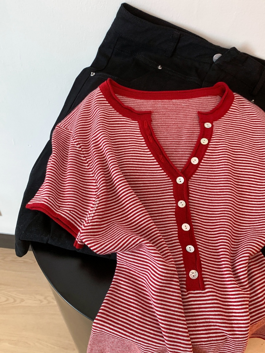 Korean Style Henry Neck Striped Short Sleeve T-Shirt for Women Summer Slimming Top - Image 3