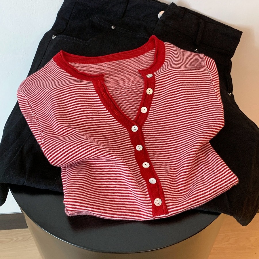 Korean Style Henry Neck Striped Short Sleeve T-Shirt for Women Summer Slimming Top - Image 5
