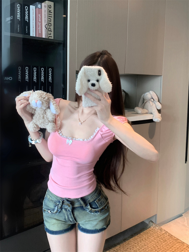 Sweet Lace Trim Bow Short Sleeve Top for Women