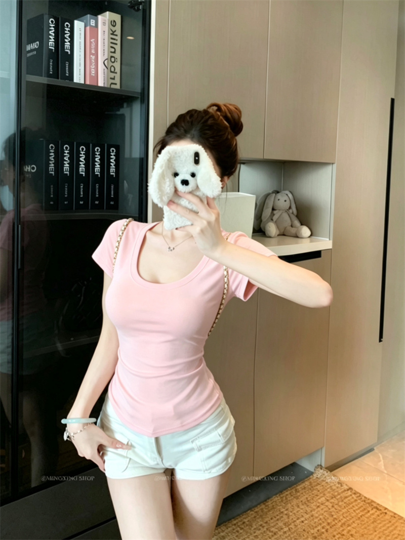 Solid Color Organic Baby Cotton U-Neck Short Sleeve T-Shirt for Women