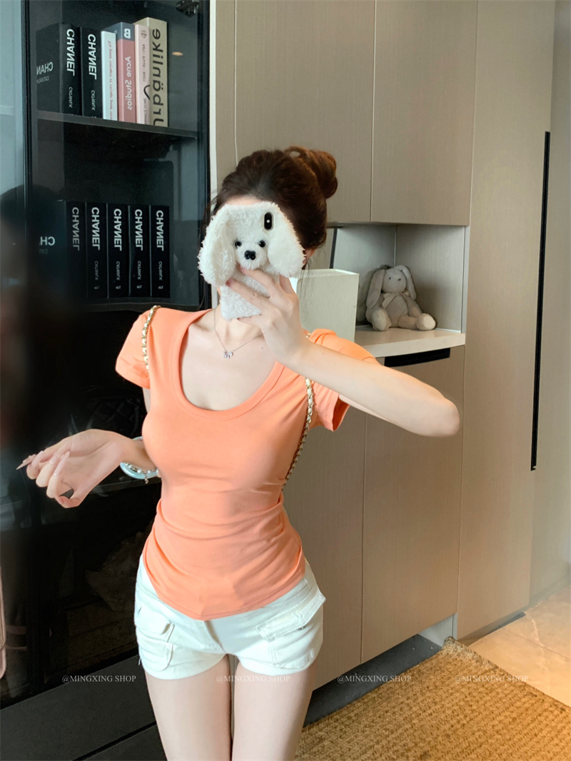 Solid Color Organic Baby Cotton U-Neck Short Sleeve T-Shirt for Women - Image 2