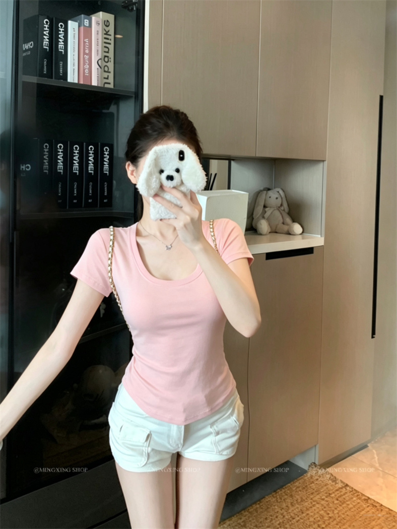 Solid Color Organic Baby Cotton U-Neck Short Sleeve T-Shirt for Women - Image 4