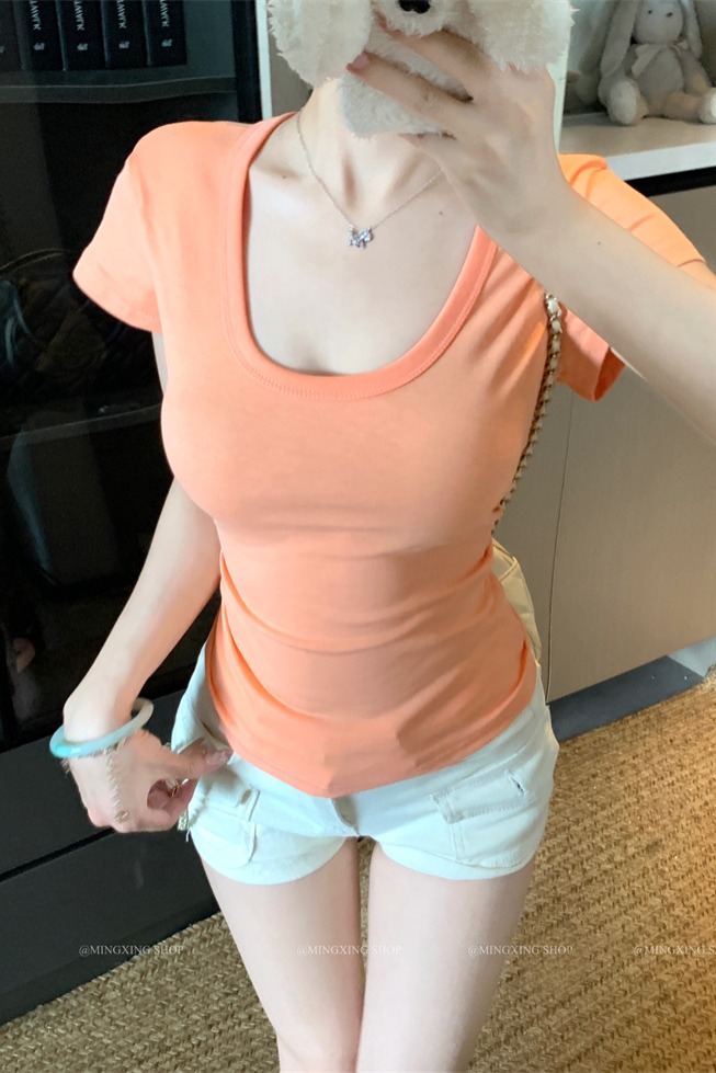 Solid Color Organic Baby Cotton U-Neck Short Sleeve T-Shirt for Women - Image 5