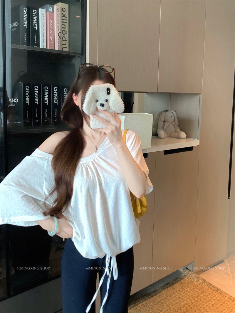 Women's Two-Way Short Sleeve Top with Drawstring Hem U-Neck Shirred Asymmetric Shoulder T-Shirt - Image 2