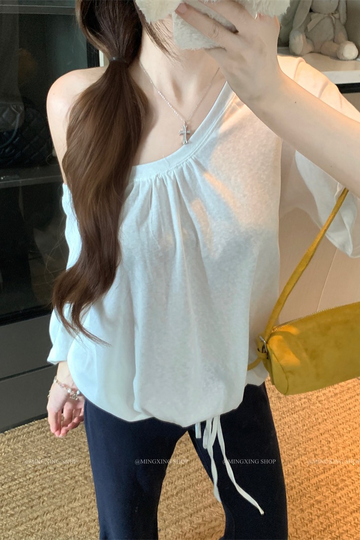 Women's Two-Way Short Sleeve Top with Drawstring Hem U-Neck Shirred Asymmetric Shoulder T-Shirt - Image 5