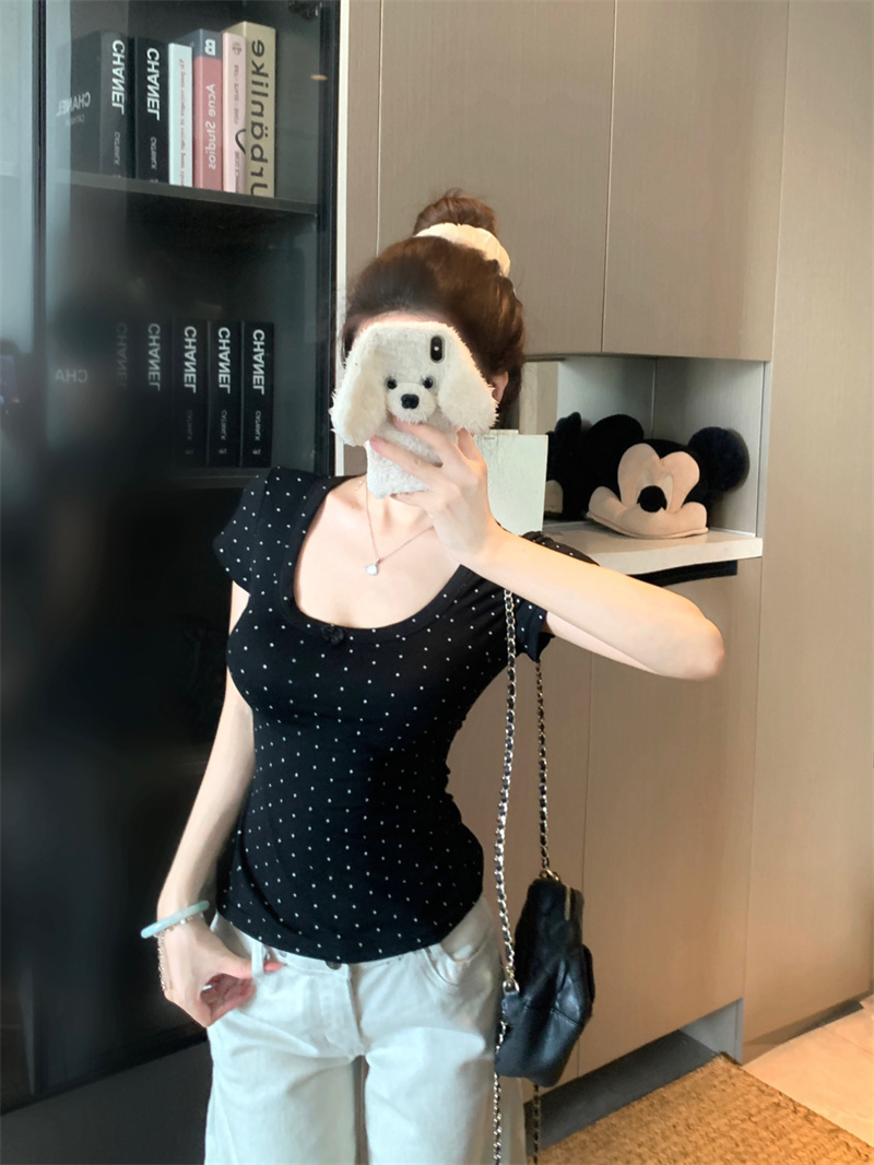 Polka Dot V-Neck Butterfly Short Sleeve Slim Fit T-Shirt - Image 3