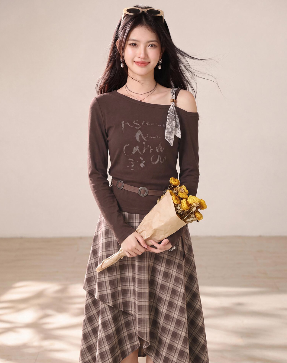 Commuter Off-Shoulder Top and High-Waist Plaid Midi Skirt Two-Piece Set