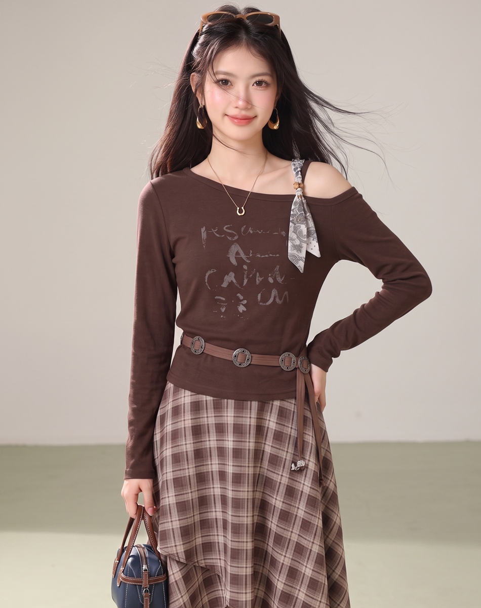 Commuter Off-Shoulder Top and High-Waist Plaid Midi Skirt Two-Piece Set - Image 2