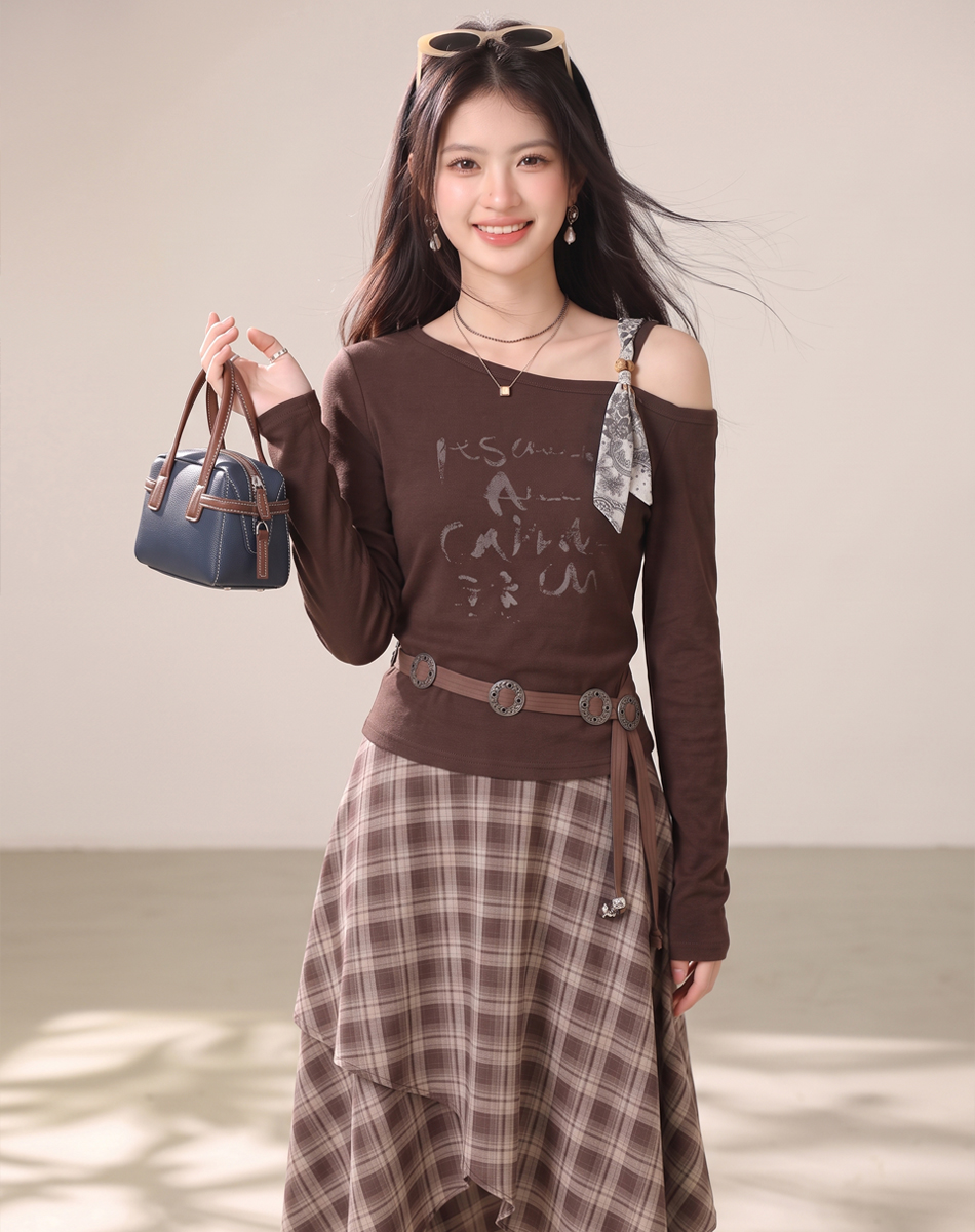 Commuter Off-Shoulder Top and High-Waist Plaid Midi Skirt Two-Piece Set - Image 4