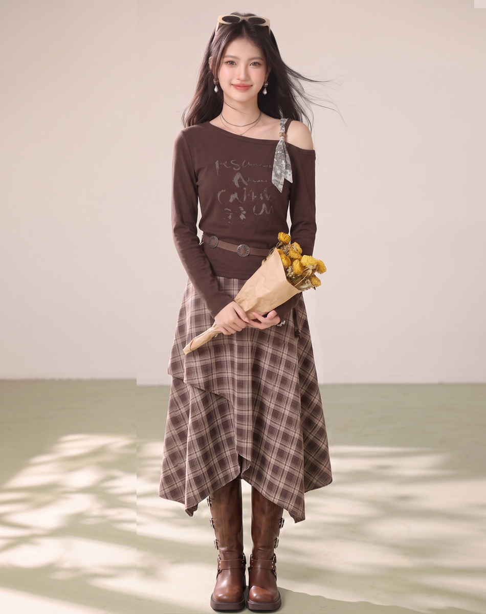 Commuter Off-Shoulder Top and High-Waist Plaid Midi Skirt Two-Piece Set - Image 3