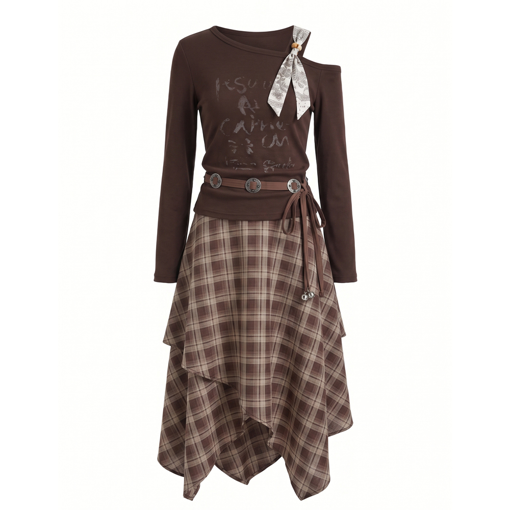 Commuter Off-Shoulder Top and High-Waist Plaid Midi Skirt Two-Piece Set - Image 5