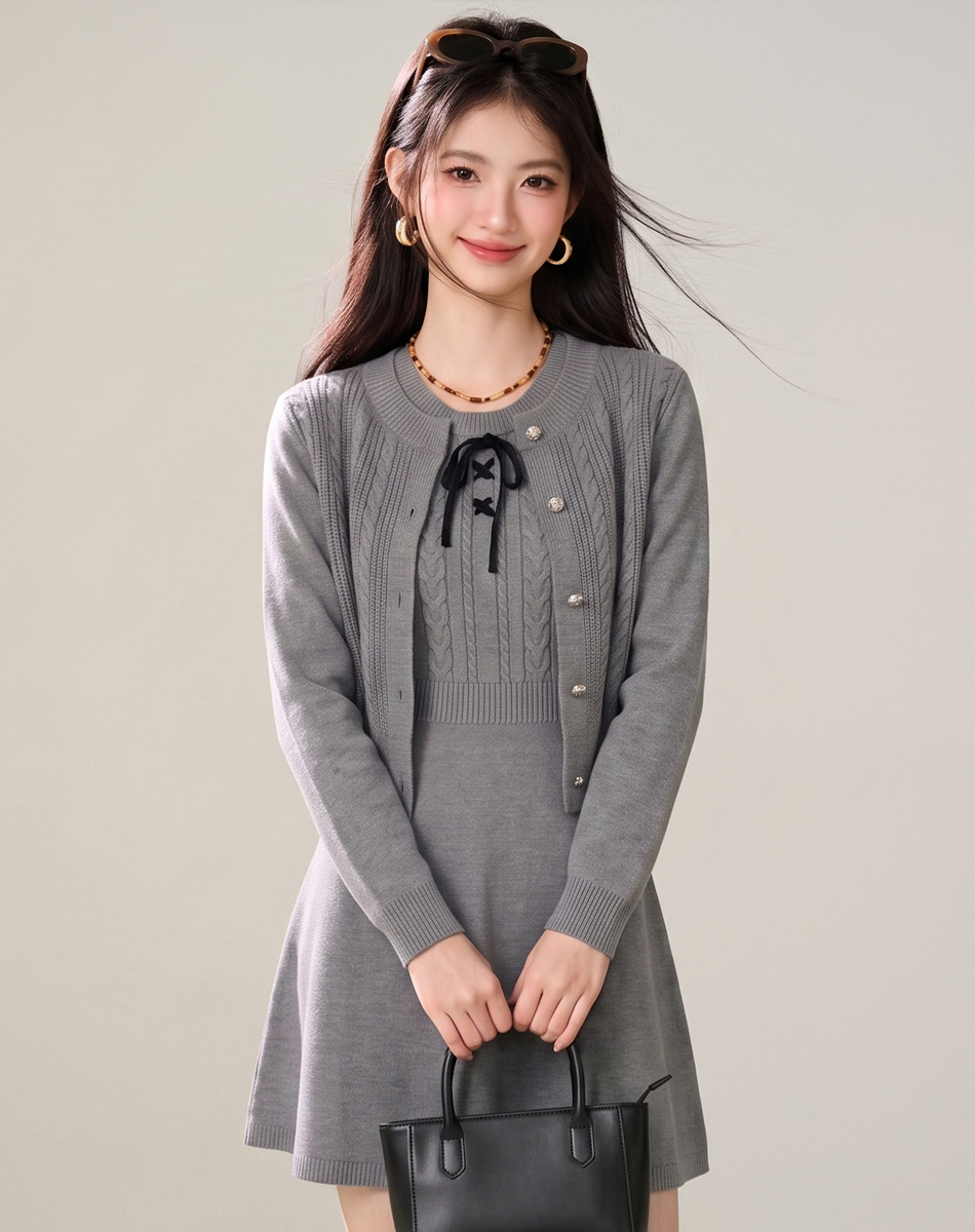 Korean Style Slimming Gray Cable Knit Dress 2026 Fall Lace Layered Two-Piece Women's Dress - Image 2