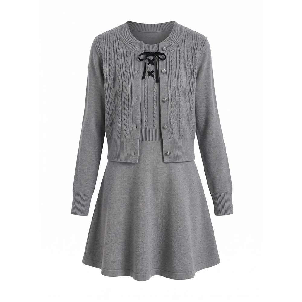 Korean Style Slimming Gray Cable Knit Dress 2026 Fall Lace Layered Two-Piece Women's Dress - Image 5