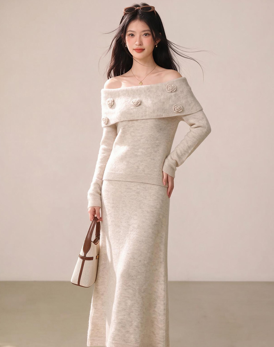 Elegant Off-Shoulder Knit Top and A-Line Midi Skirt Two-Piece Set for Women Fall Winter - Image 2