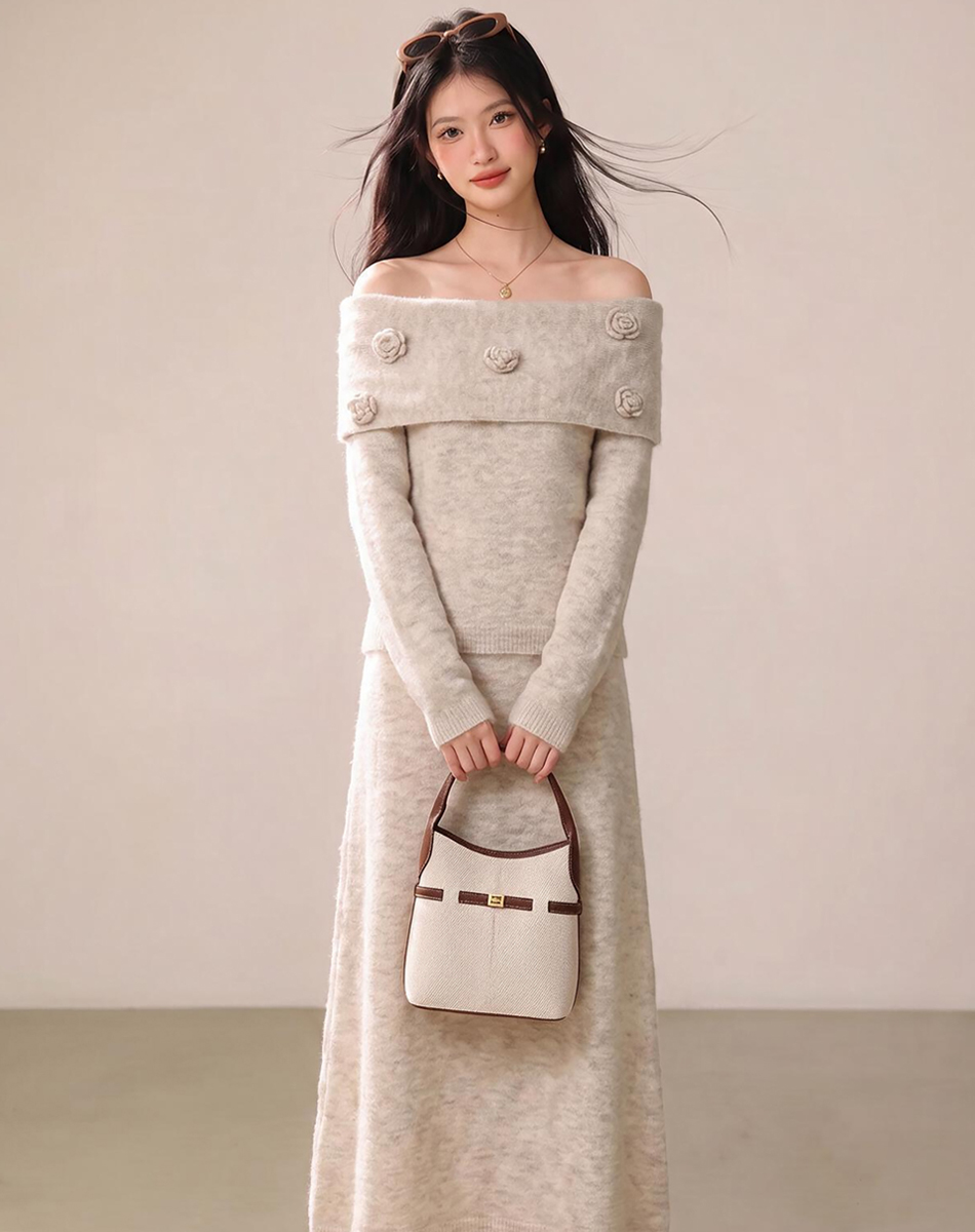 Elegant Off-Shoulder Knit Top and A-Line Midi Skirt Two-Piece Set for Women Fall Winter