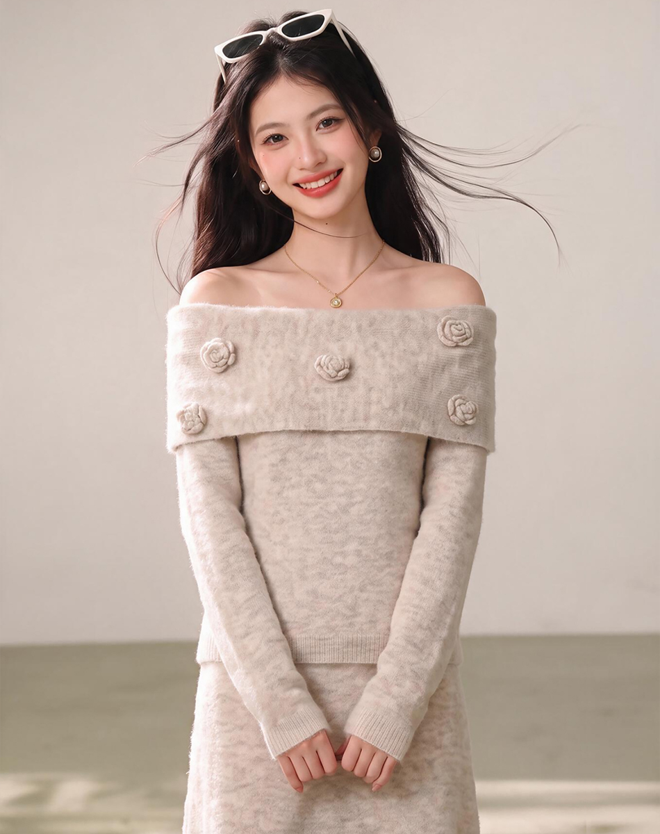 Elegant Off-Shoulder Knit Top and A-Line Midi Skirt Two-Piece Set for Women Fall Winter - Image 4