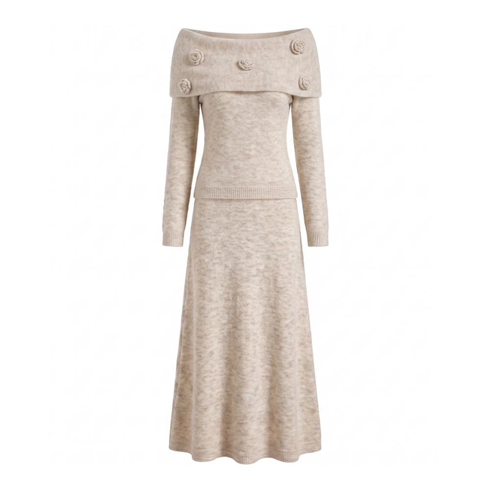 Elegant Off-Shoulder Knit Top and A-Line Midi Skirt Two-Piece Set for Women Fall Winter - Image 5