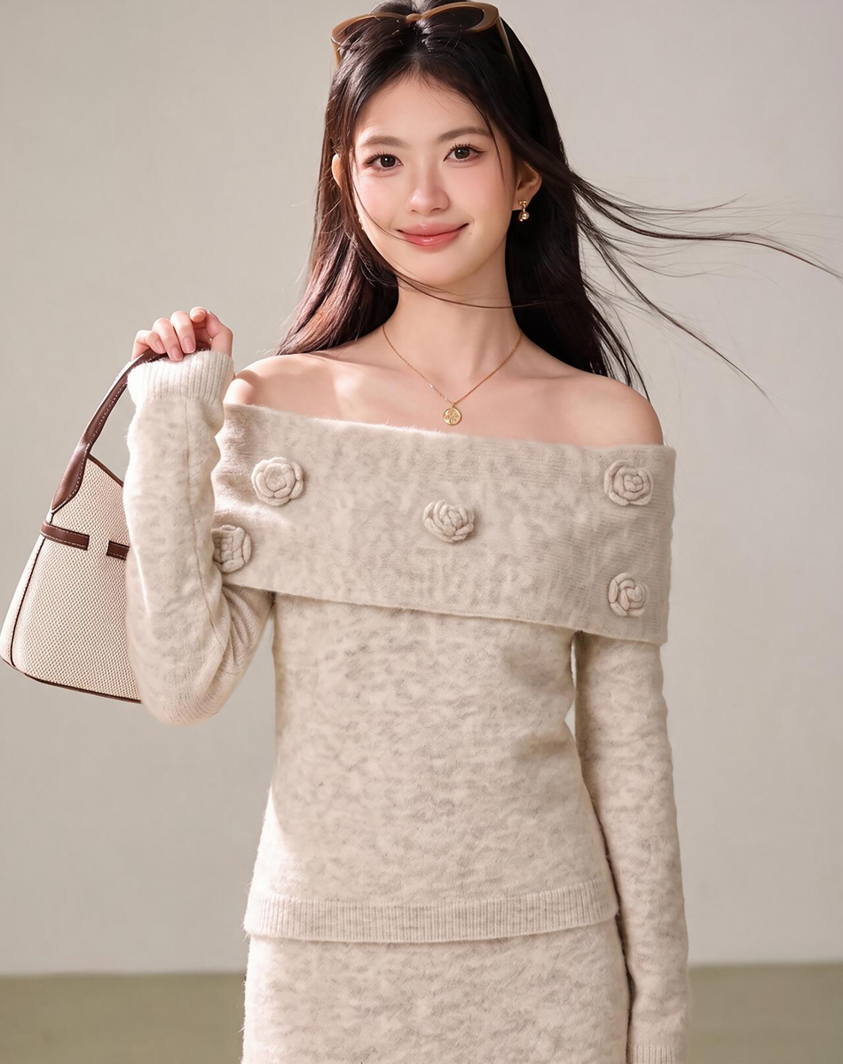Elegant Off-Shoulder Knit Top and A-Line Midi Skirt Two-Piece Set for Women Fall Winter - Image 3
