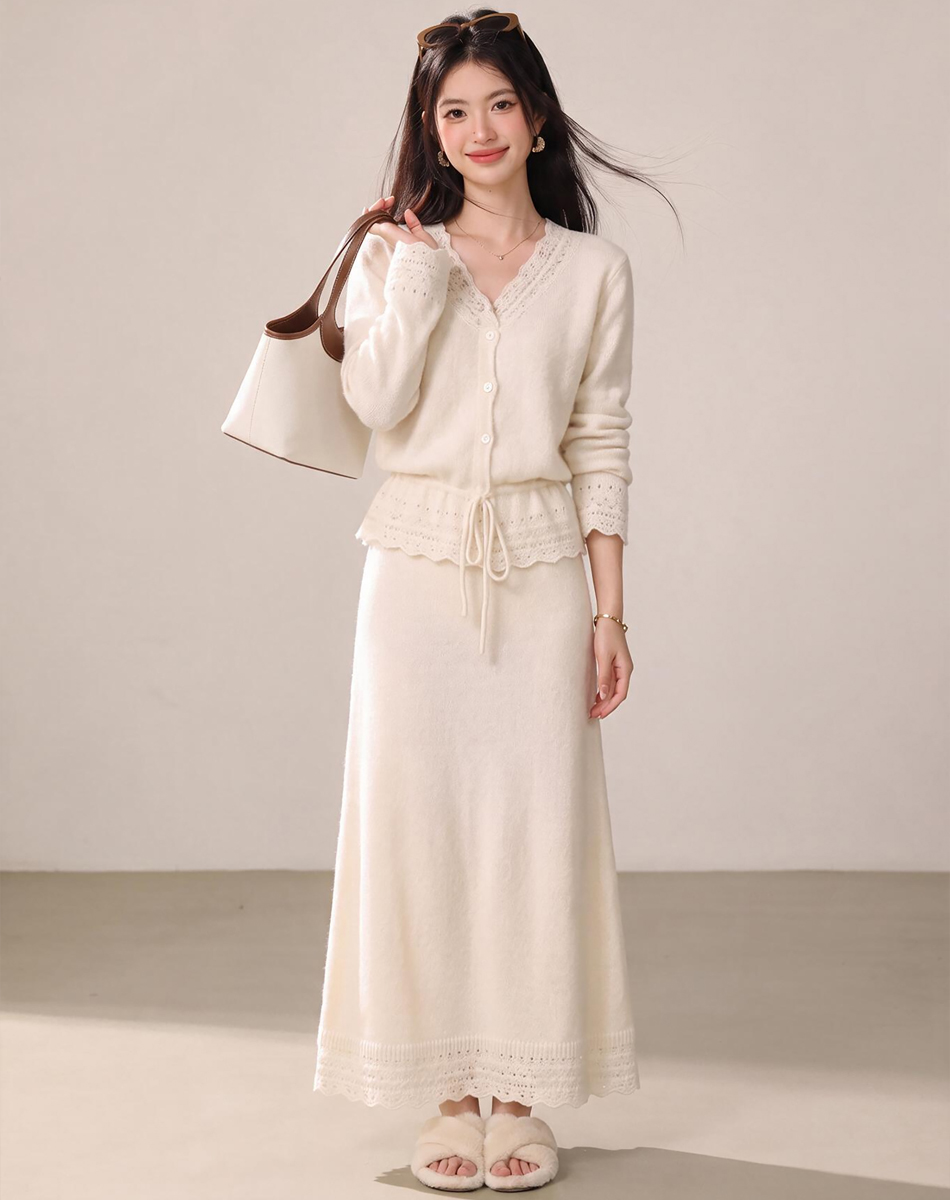 Korean Style Gentle V-Neck Hollow-Out Lace Knit Cardigan Sweater Two-Piece Dress Set